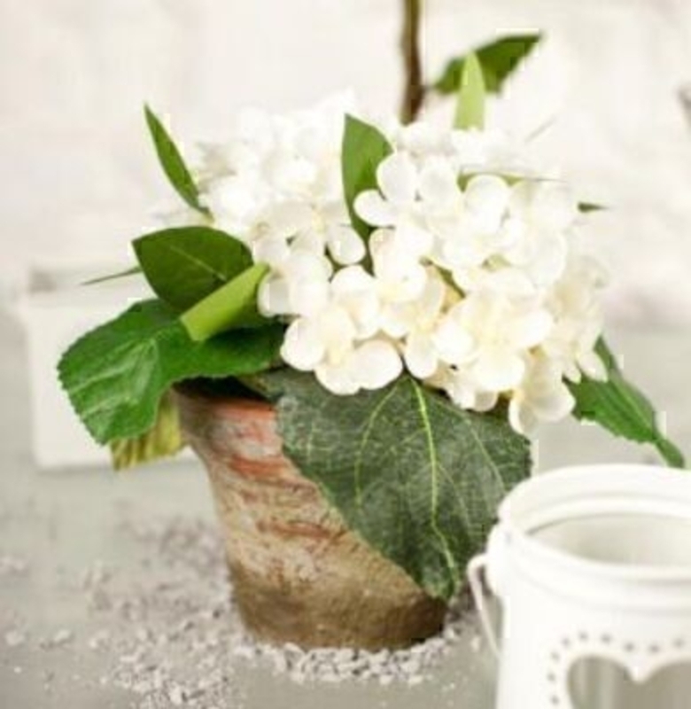Potted Hydrangea Clusters Aged Terracotta White silk flowers by Bloomsbury. Size 20x18cm